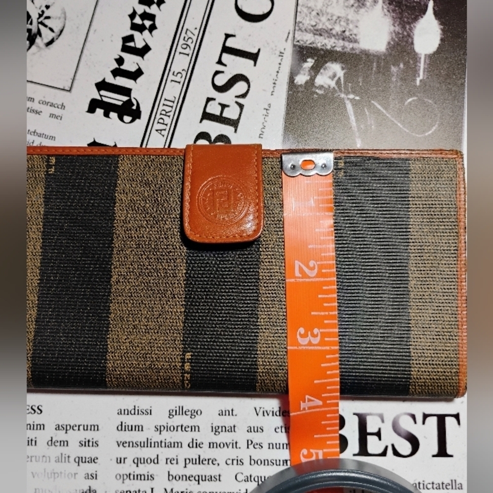Fendi Pequin Stripe Canvas Leather Wallet Brown Navy Vintage COA - Picture 14 of 15
